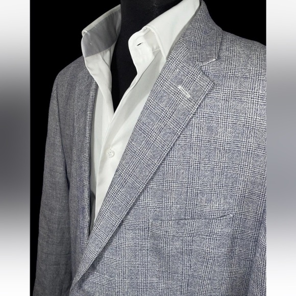 JOS A BANK LINEN WOOL BLUE WHITE GLEN PLAID SPORT COAT 48R TAILORED FIT